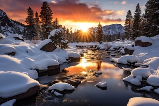 A captivating artistic portrayal of the enchanting winter season, where landscapes are magically transformed into a wonderland adorned with shimmering snow and sparkling icicles.