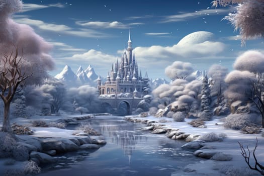 A captivating artistic portrayal of the enchanting winter season, where landscapes are magically transformed into a wonderland adorned with shimmering snow and sparkling icicles.