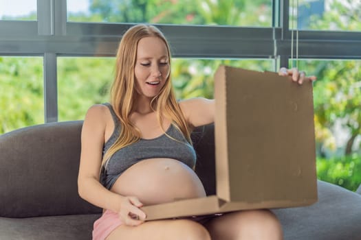 A pregnant woman enjoys a slice of pizza, savoring a moment of indulgence while satisfying her craving for a delightful, comforting treat. Excited Pregnant Young Lady Enjoying Pizza Holding Biting Tasty Slice Posing With Carton Box. Junk Food Lover Eating Italian Pizza. Unhealthy Nutrition Cheat Meal.