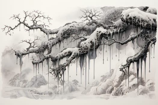 A remarkable portrayal of winter's allure, focusing on the glistening, see-through charm of icicles suspended from rooftops and tree limbs, showcasing their sparkling and crystalline elegance.