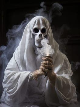 Creepy ghost white sheet sitting at a table with smoking incense, Halloween concept, AI
