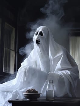 Creepy ghost white sheet sitting at a table with smoking incense, Halloween concept, AI