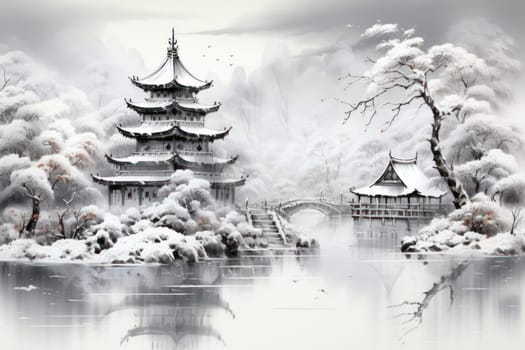 A captivating artistic portrayal of the enchanting winter season, where landscapes are magically transformed into a wonderland adorned with shimmering snow and sparkling icicles.