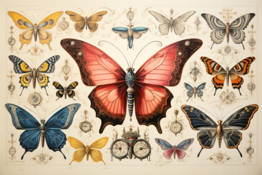 An enchanting portrayal of ethereal clockwork butterflies, fluttering gracefully with intricate precision, each adorned with intricate gears and delicate wings that shimmer with fantastical hues.