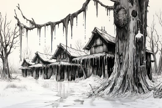 A remarkable portrayal of winter's allure, focusing on the glistening, see-through charm of icicles suspended from rooftops and tree limbs, showcasing their sparkling and crystalline elegance.