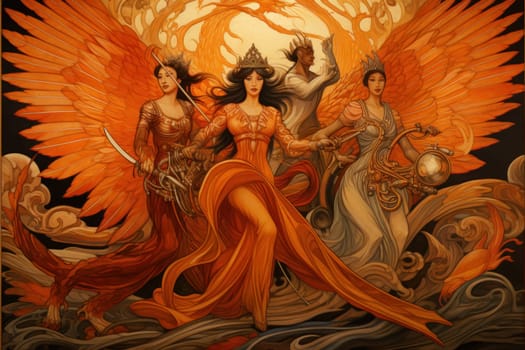 An awe-inspiring portrayal of fabled phoenix riders, gracefully soaring through the skies astride magnificent fiery avian creatures.