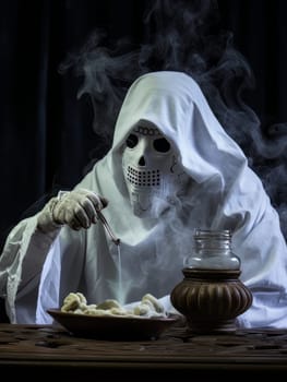 Creepy ghost white sheet sitting at a table with smoking incense, Halloween concept, AI