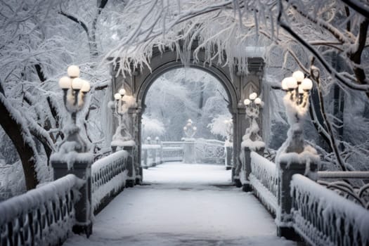 A captivating artistic portrayal of the enchanting winter season, where landscapes are magically transformed into a wonderland adorned with shimmering snow and sparkling icicles.