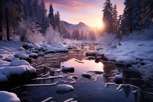 A captivating artistic portrayal of the enchanting winter season, where landscapes are magically transformed into a wonderland adorned with shimmering snow and sparkling icicles.