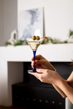 Martini with olives. Classic Shaken Dry Vodka Martini. Space for text