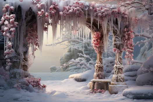 A captivating artistic portrayal of the enchanting winter season, where landscapes are magically transformed into a wonderland adorned with shimmering snow and sparkling icicles.