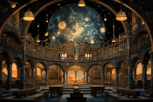 An awe-inspiring depiction of celestial libraries, ancient repositories of boundless universal wisdom.