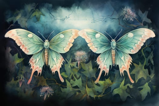 A captivating portrayal of celestial moth guardians, their ethereal presence warding off malevolent spirits with a soft, lunar glow.