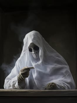 Creepy ghost white sheet sitting at a table and reads small note, Halloween concept, AI
