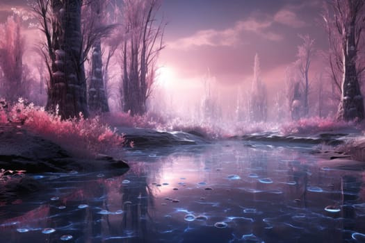 A captivating artistic portrayal of the enchanting winter season, where landscapes are magically transformed into a wonderland adorned with shimmering snow and sparkling icicles.