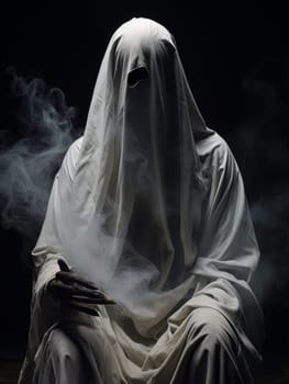 Creepy ghost white sheet sitting in chair in smoke, Halloween concept, AI