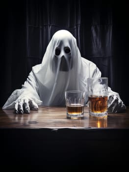 Creepy ghost white sheet with alcohol sitting at bar table by candlelight, Halloween concept, AI