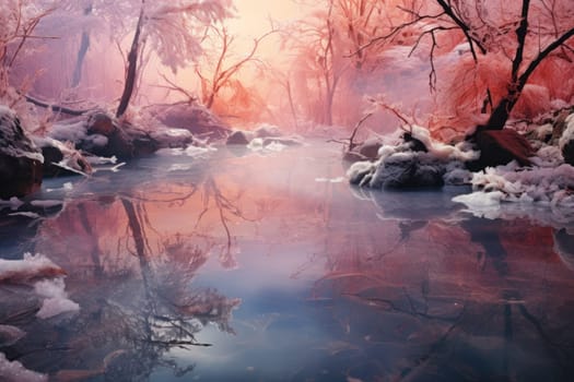 An exquisite visual representation of winter's enchantment, featuring frozen lakes, rivers, and ponds.