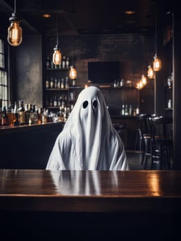 Creepy ghost white sheet with alcohol sitting at bar table by candlelight, Halloween concept, AI
