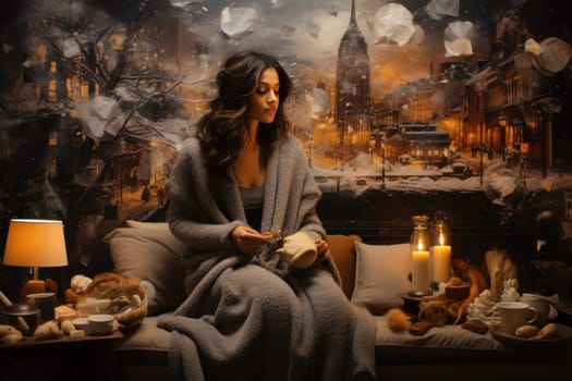A heartwarming depiction of the winter season's charm, with individuals captured indoors, basking by a crackling fire, indulging in hot cocoa, or cocooned in soft blankets.