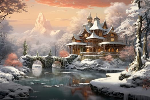 A captivating artistic portrayal of the enchanting winter season, where landscapes are magically transformed into a wonderland adorned with shimmering snow and sparkling icicles.