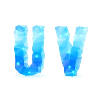 Shiny blue polygonal font. Crystal style U and V letters