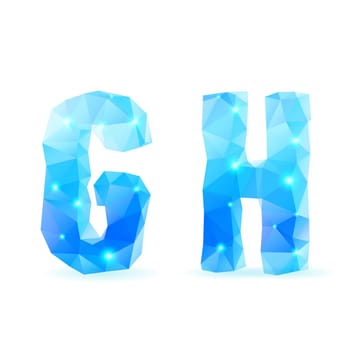 Shiny blue polygonal font. Crystal style G and H letters