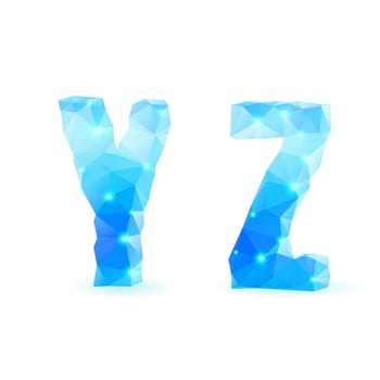 Shiny blue polygonal font. Crystal style Y and Z letters