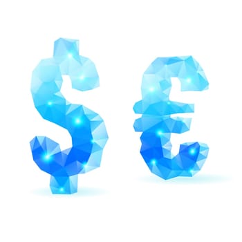 Shiny blue polygonal font. Crystal style dollar and euro signs