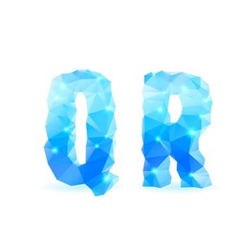 Shiny blue polygonal font. Crystal style Q and R letters
