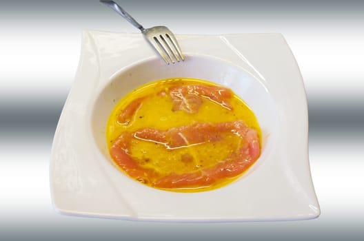 Schnitzel in egg yolk in a white plate against a grey white background.