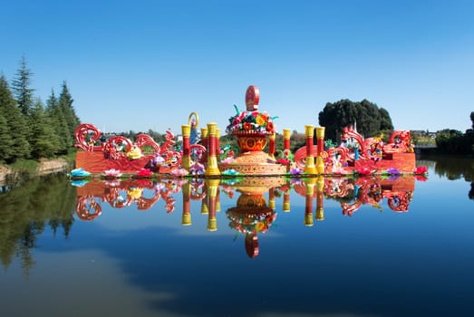Colorful Chinese lanterns with reflections