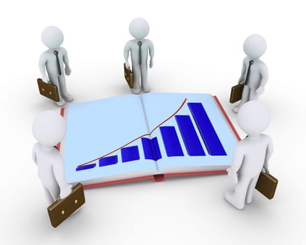 Businessmen are around an opened book with a graphic chart