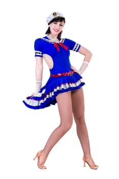 young dancer woman dressed as a sailor posing. Isolated on white background in full length.