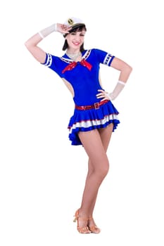 young dancer woman dressed as a sailor posing. Isolated on white background in full length.