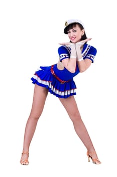 young dancer woman dressed as a sailor posing. Isolated on white background in full length.
