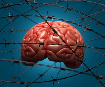 Brain trapped by barbed wire. Concept of the human mind.