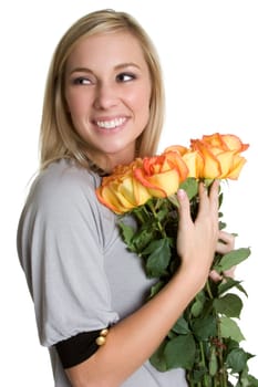 Smiling beautiful woman holding roses