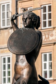 Mermaid statue in the Old Town Square of Warsaw, Poland.