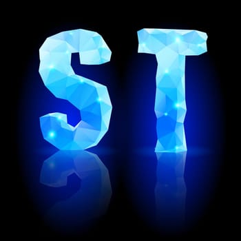 Shiny blue polygonal font. Crystal style S and T letters with reflection on black backround