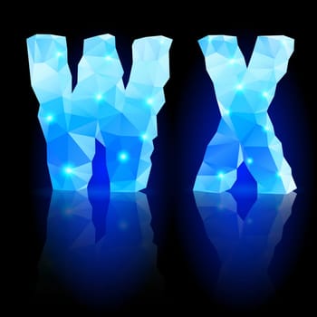 Shiny blue polygonal font. Crystal style W and X letters with reflection on black backround