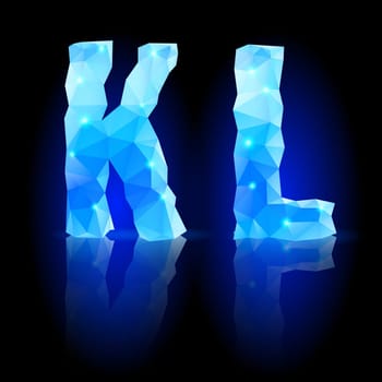 Shiny blue polygonal font. Crystal style K and L letters with reflection on black backround