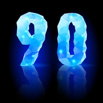 Shiny blue polygonal font. Crystal style nine and zero numerals with reflection on black backround