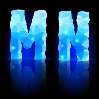 Shiny blue polygonal font. Crystal style M and N letters with reflection on black backround