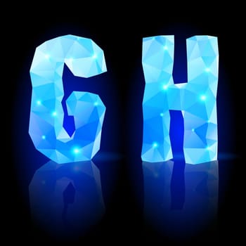 Shiny blue polygonal font. Crystal style G and H letters with reflection on black backround
