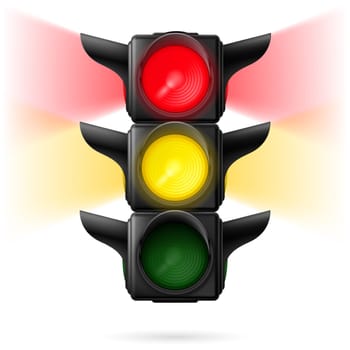 Realistic traffic lights with red and yellow colors on with sidelight. Illustration on white background