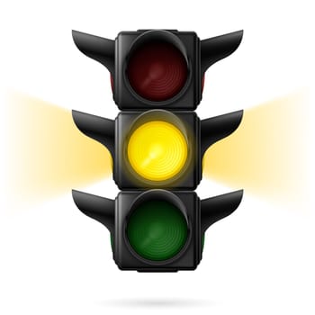 Realistic traffic lights with yellow color on and sidelight. Wait signal. Illustration on white background