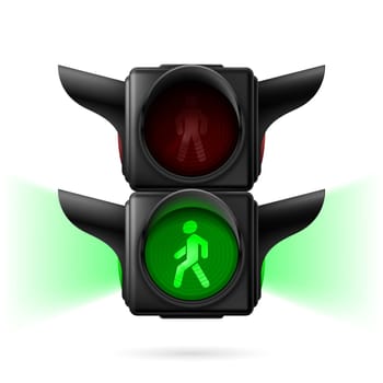 Realistic pedestrian traffic lights with green light on and sidelight. Illustration on white background