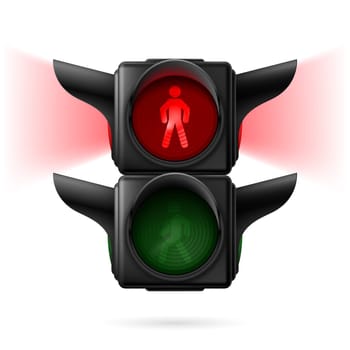 Realistic pedestrian traffic lights with red lamp on and sidelight. Illustration on white background
