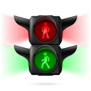 Realistic pedestrian traffic lights with red and green lamps on and sidelight. Illustration on white background